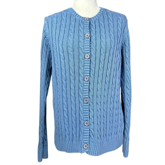 L.L. Bean Cable Knit Sweater Large Cotton Cornflower Blue  Crew Neck Cardigan - Picture 1 of 8